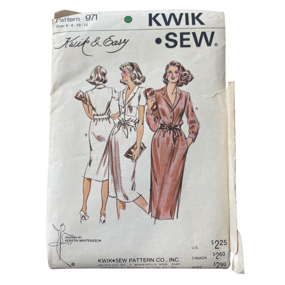 Vintage Kwik Sew 971 Misses Dress Sewing Pattern Sizes 6-8-10-12 Formal UNCUT